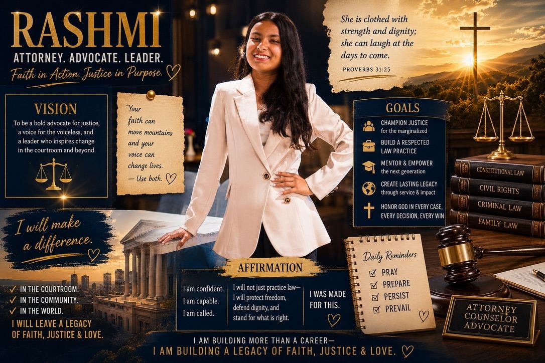 Rashmi — attorney, advocate, leader: a vision board of her goals and affirmations