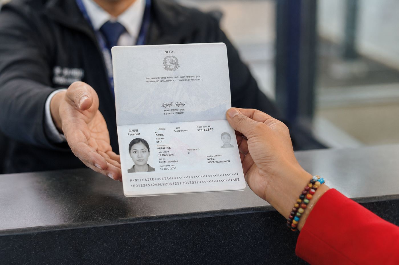 A young Nepali woman handing over her Nepal passport at a counter