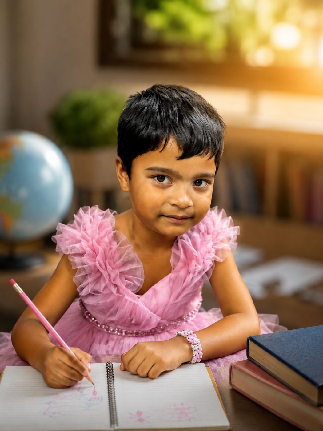 Muskan in a pink dress, drawing in her notebook